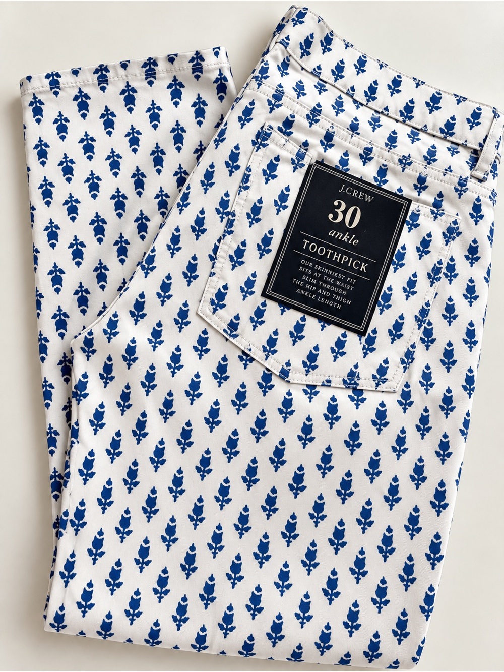 J. Crew White Ankle Toothpick Pants with Blue Leaf Print